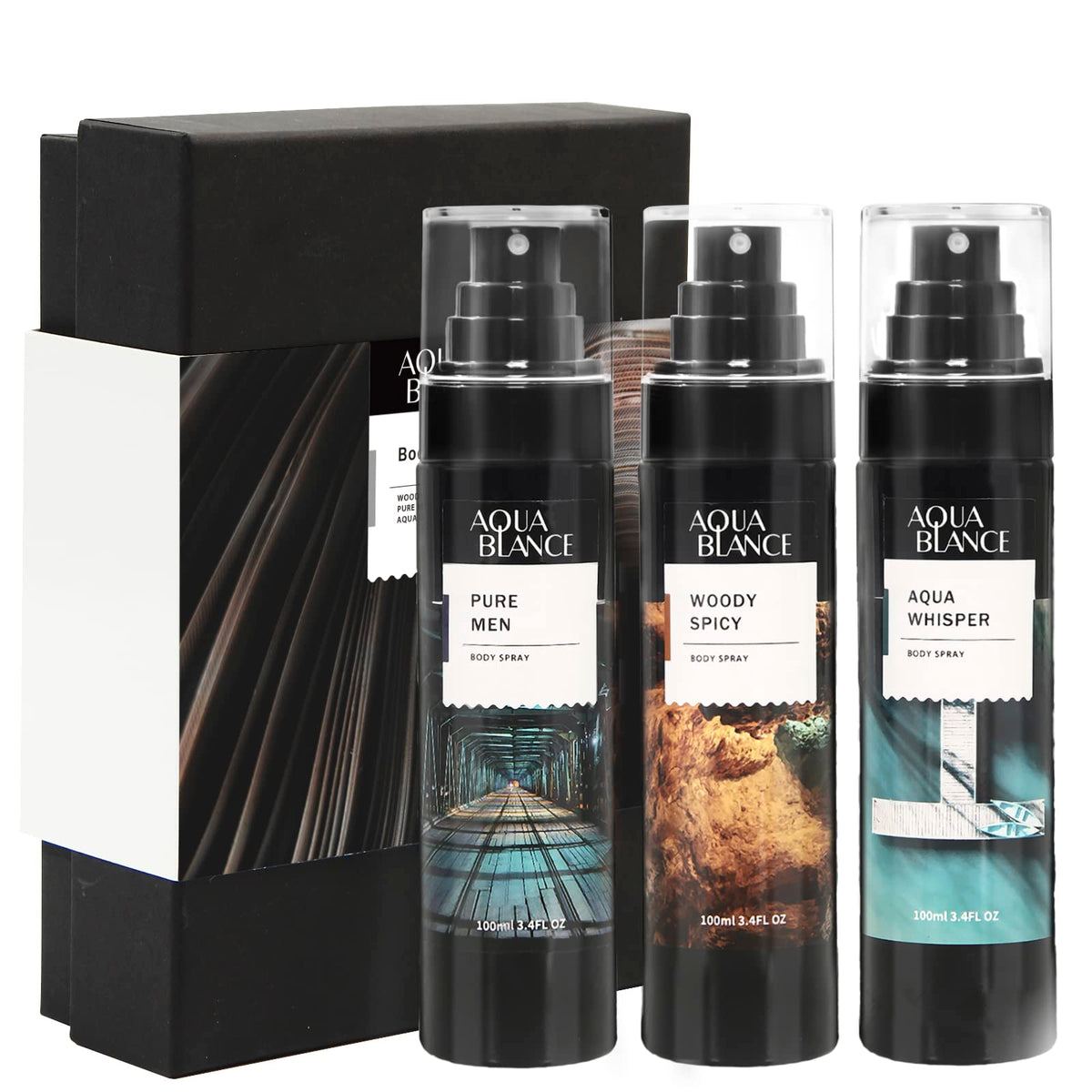 AQUA BLANCE Body Spray for Men pack of 3, 3.4 Fl Oz each front view