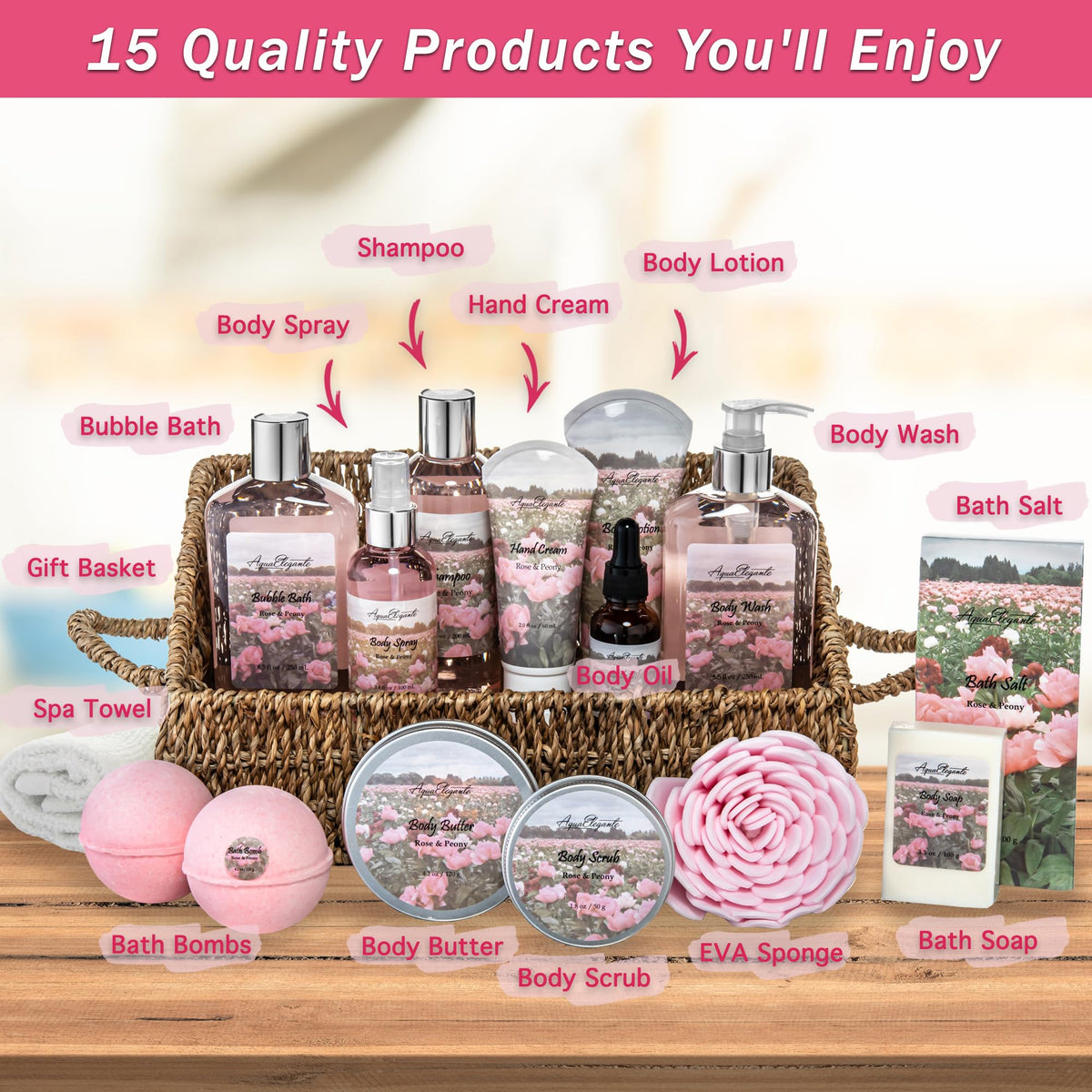 Aqua Elegante Spa Gift Basket contents including body wash and bath bombs