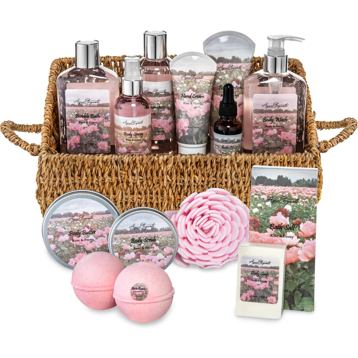 Aqua Elegante Spa Gift Basket front view with rose oil and peony products