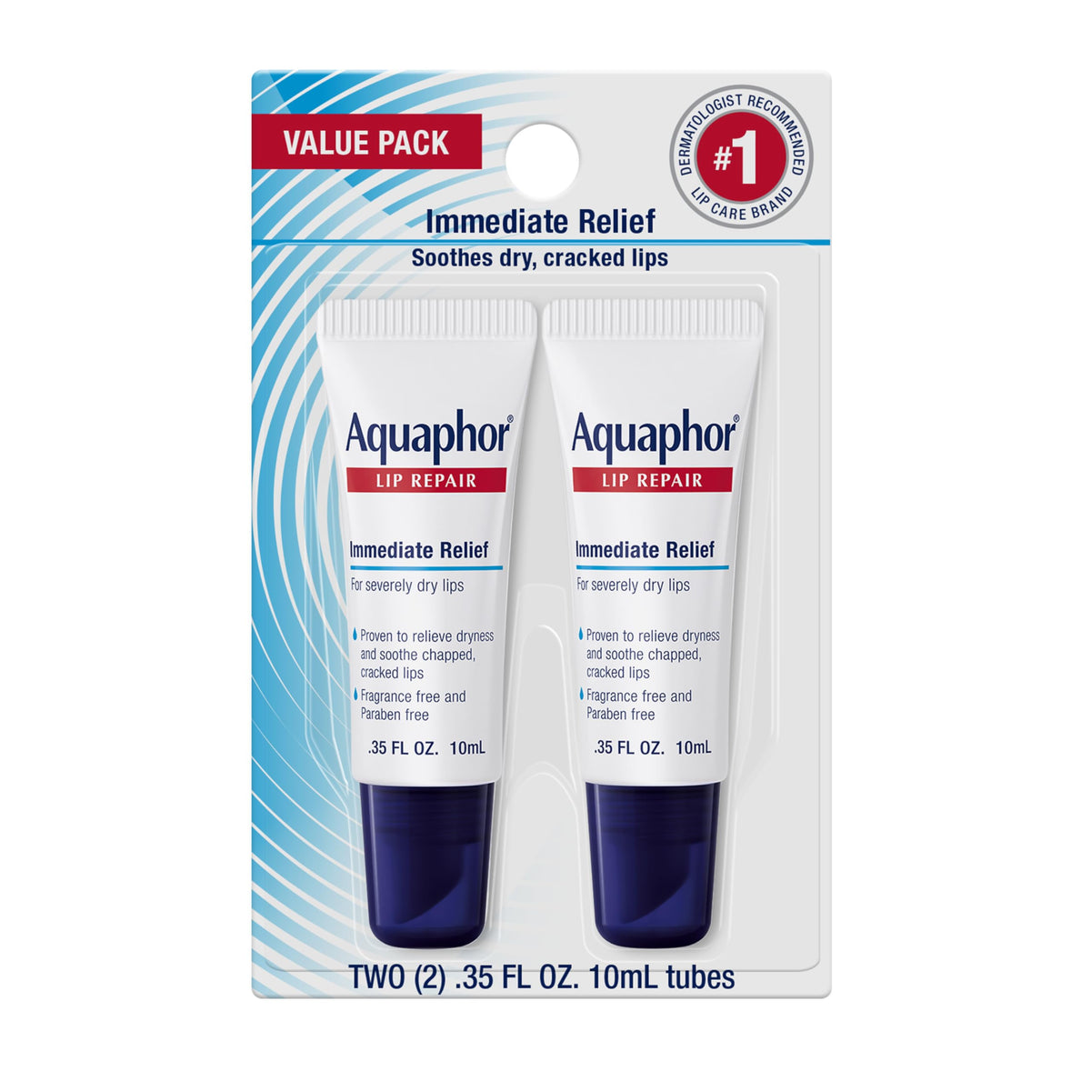 Aquaphor Lip Repair Ointment front view with two 0.35 ounce tubes
