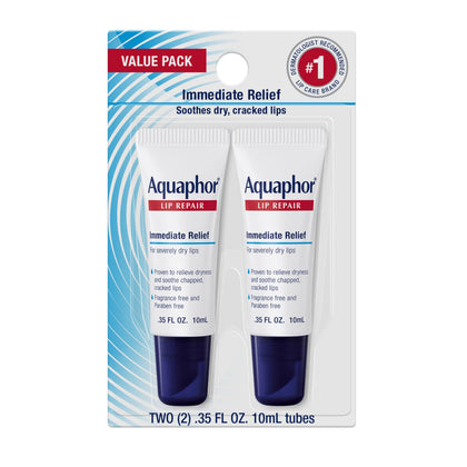 Aquaphor Lip Repair Ointment front view with two 0.35 ounce tubes
