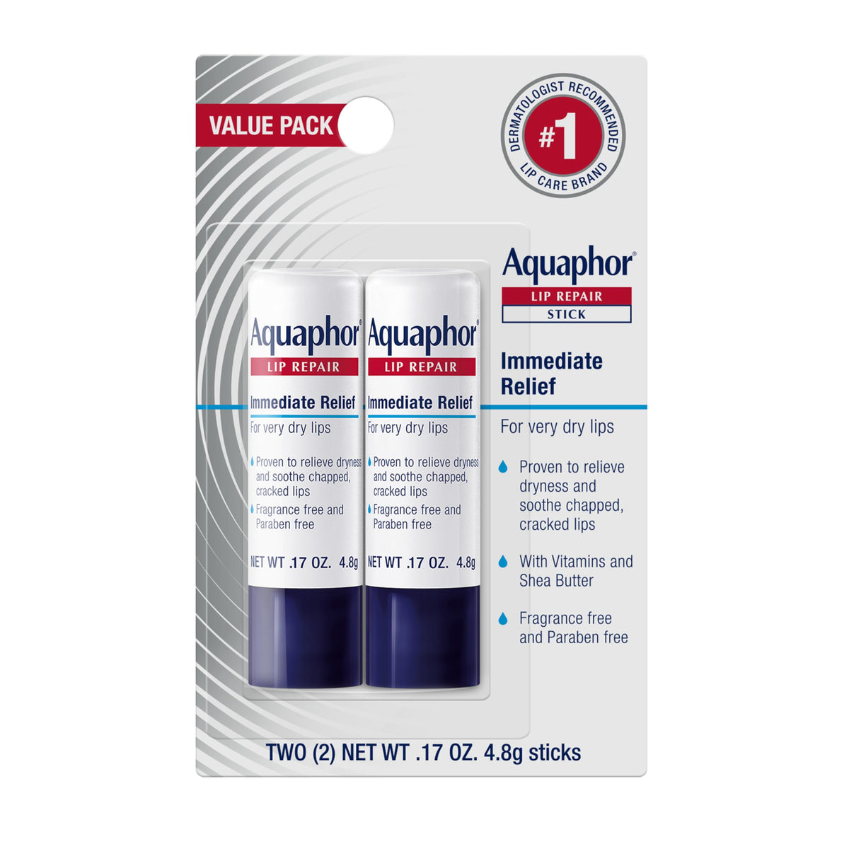 Aquaphor Lip Repair Stick front view, pack of 2