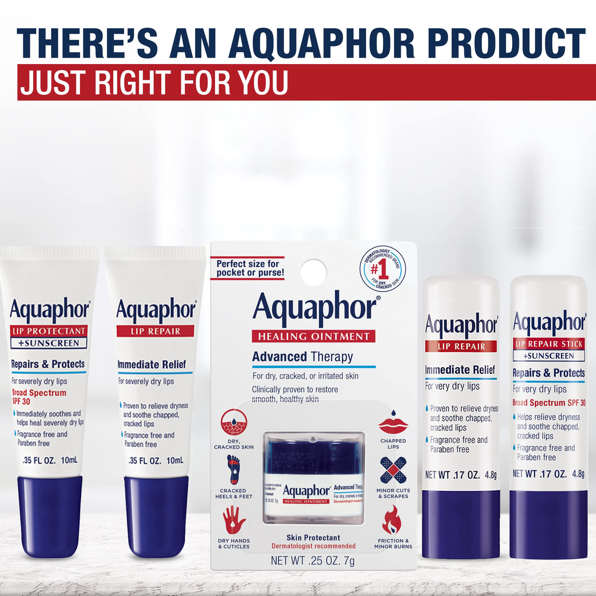 Aquaphor Lip Repair Stick on a background of winter scenery