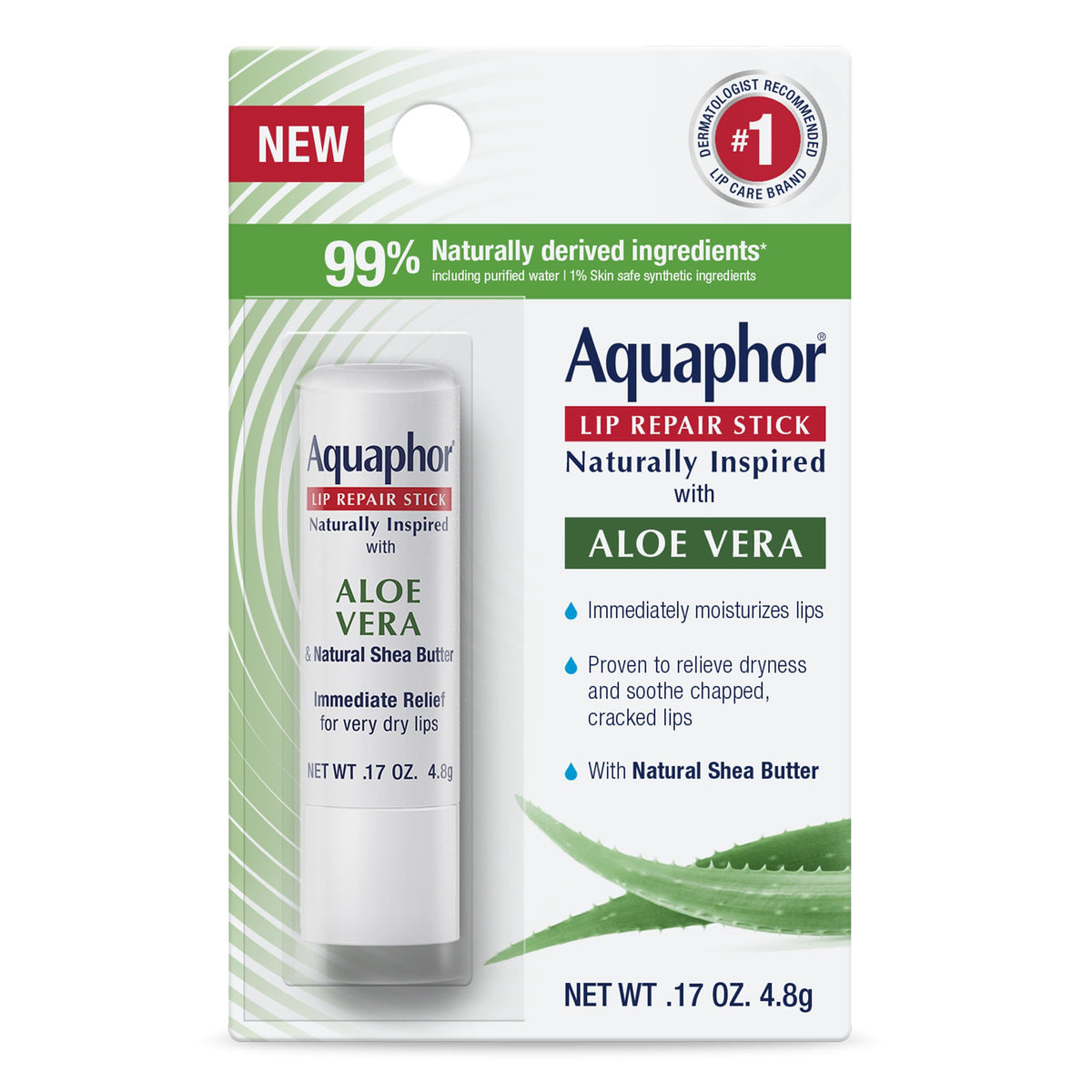 Aquaphor Naturally Inspired Lip Repair Stick front view with Aloe Vera