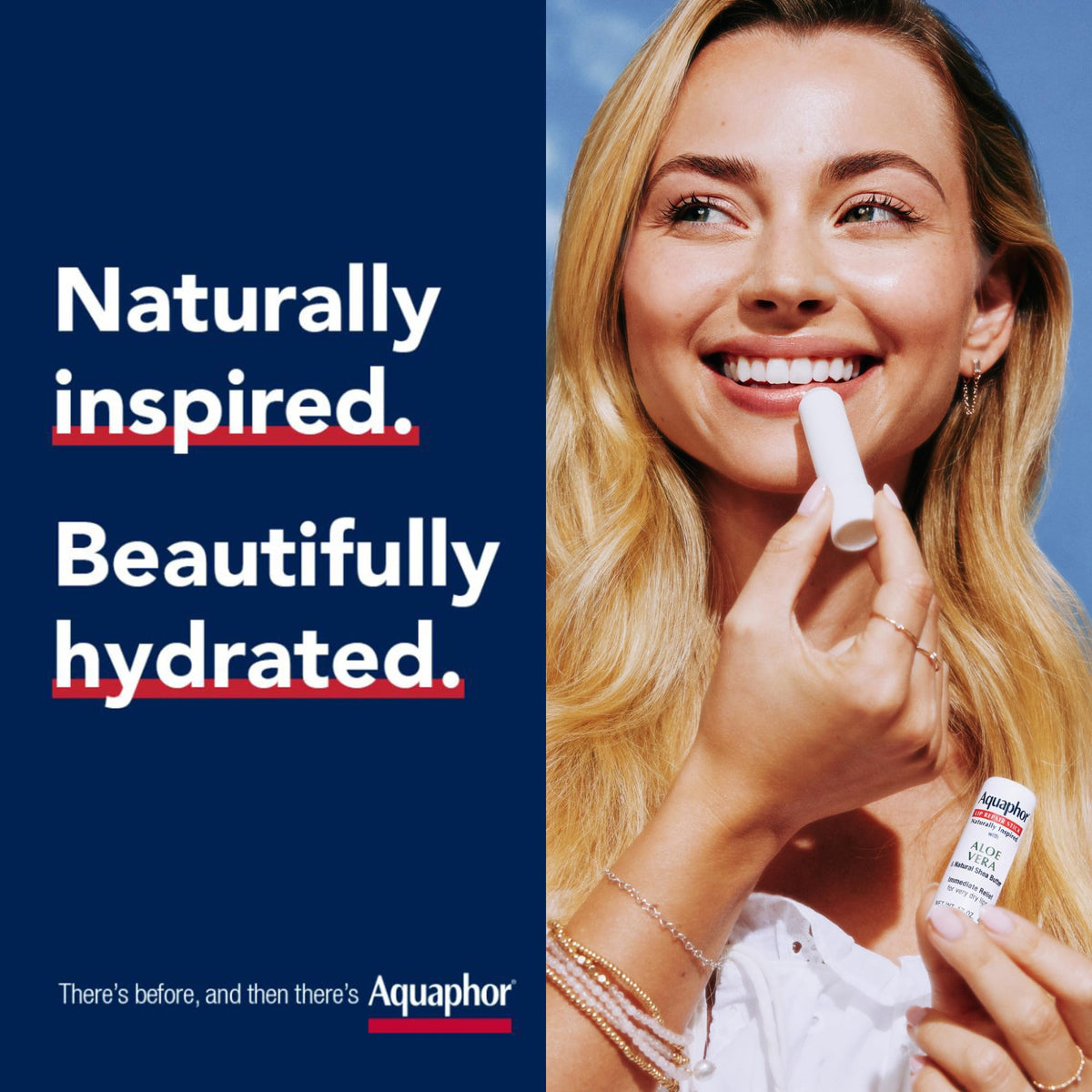 Aquaphor Naturally Inspired Lip Repair Stick with Aloe Vera on a wooden table