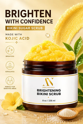 ArabelsNaturals Bikini Area Exfoliator Body Scrub on a bathroom shelf