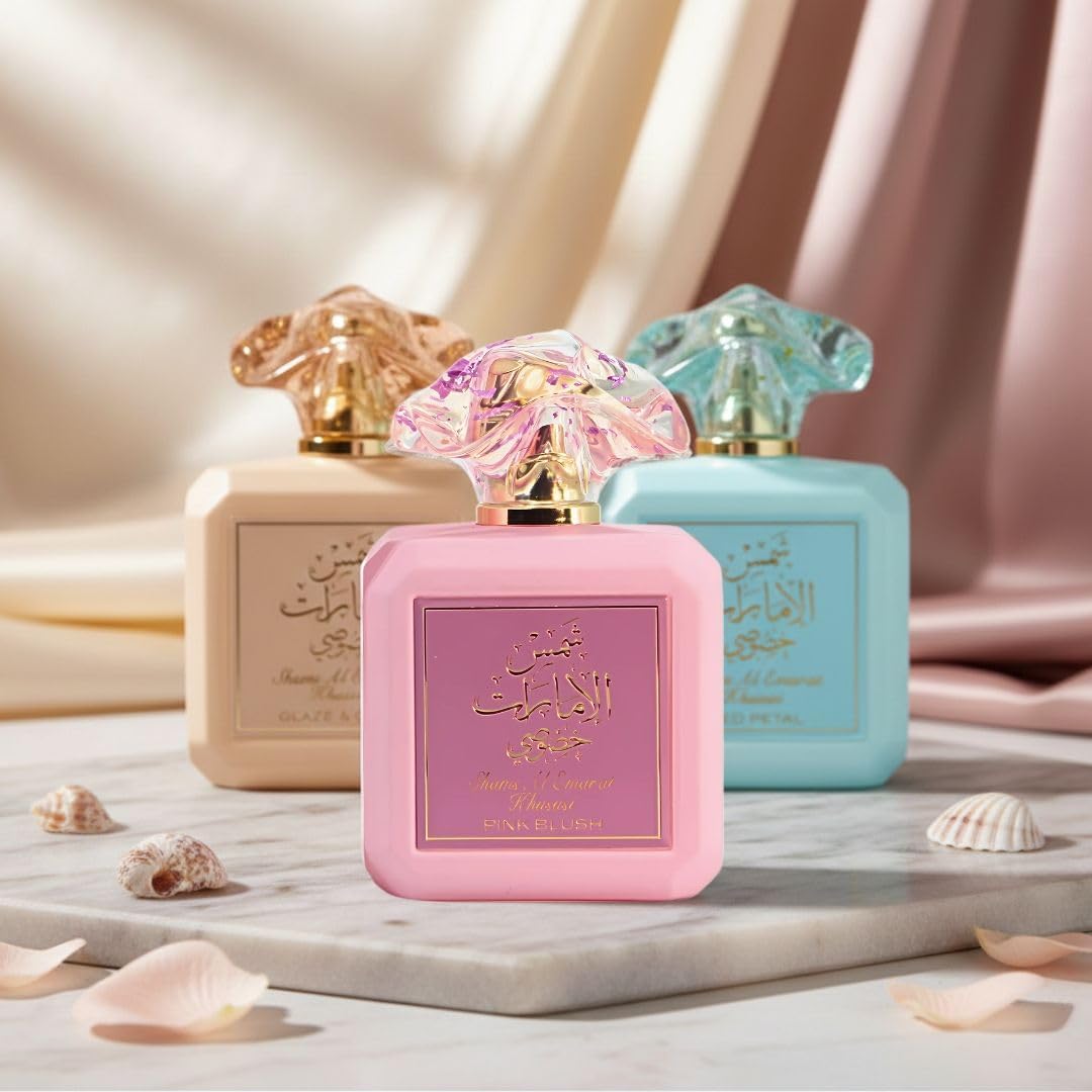 Ard Al Zaafaran Shams Al Emarat Khususi fragrances displayed together
