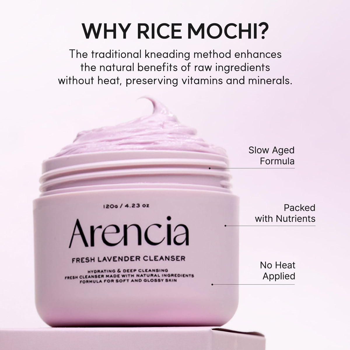 ARENCIA Fresh Lavender Rice Mochi Face Cleanser on a bathroom shelf