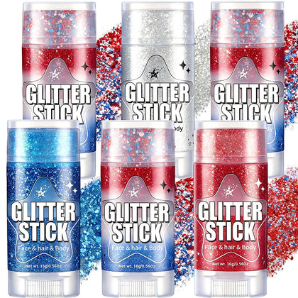 AROIC 6Pcs Body Glitter Stick Set in red, white, and blue