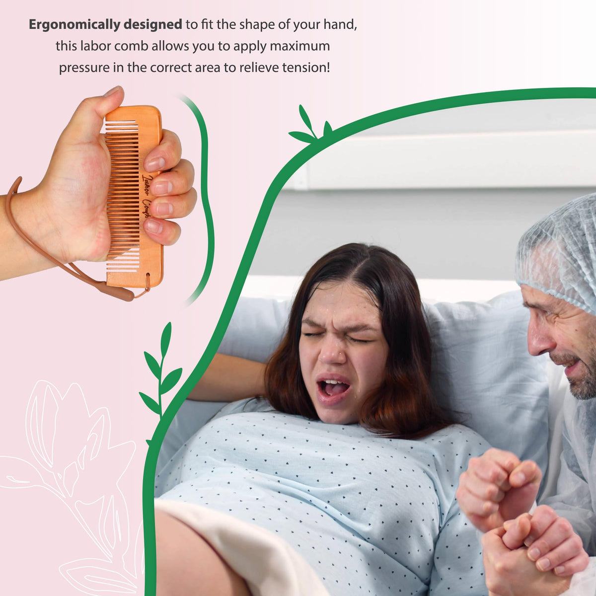Arrozon Labor Comb held in hand during a birthing scenario