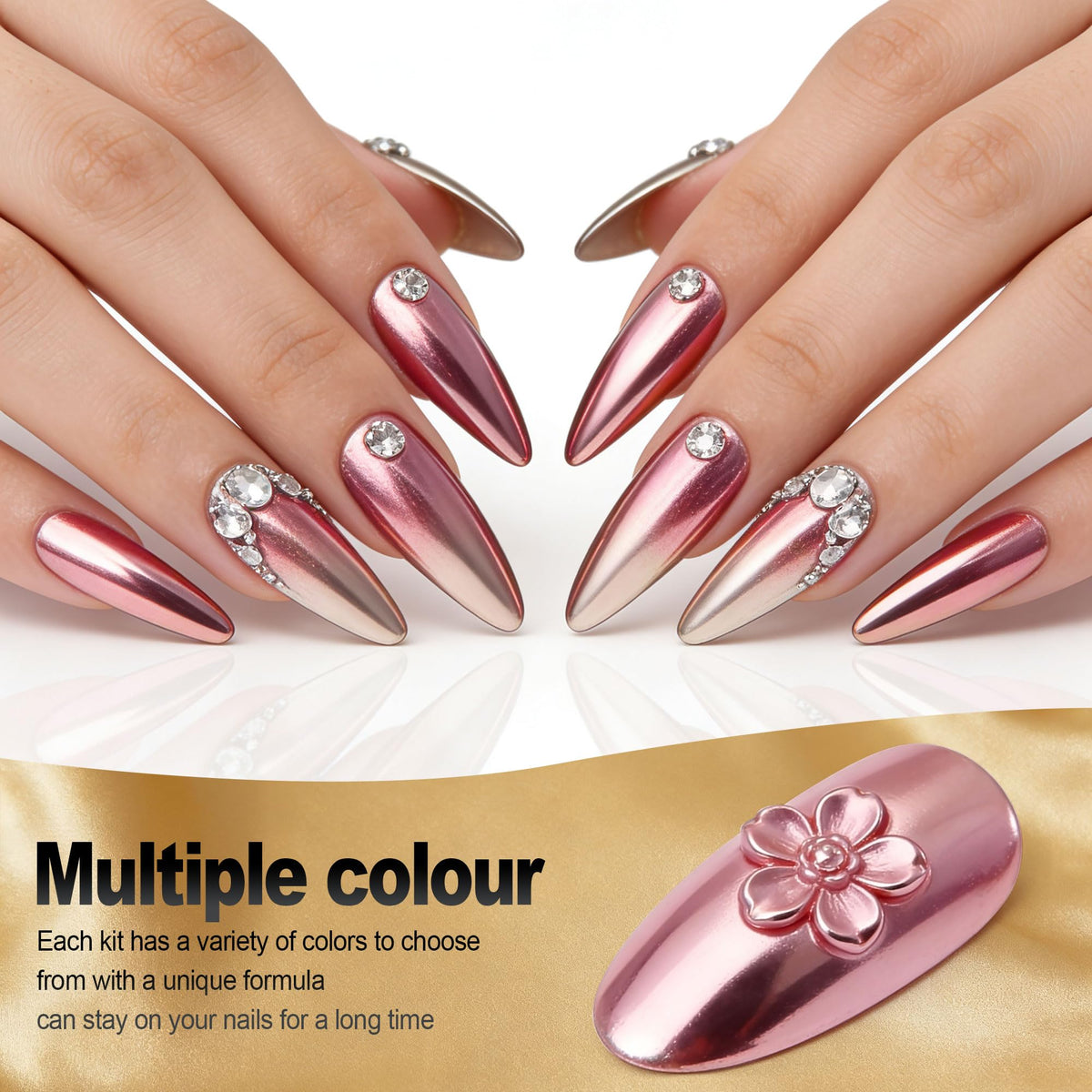 Artdone chrome nail powders in jars showing gold and silver