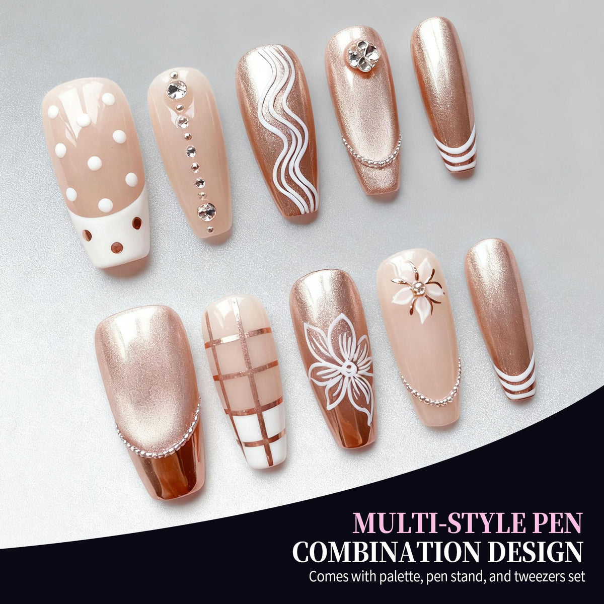 Artdone nail art brushes set displayed with nail designs
