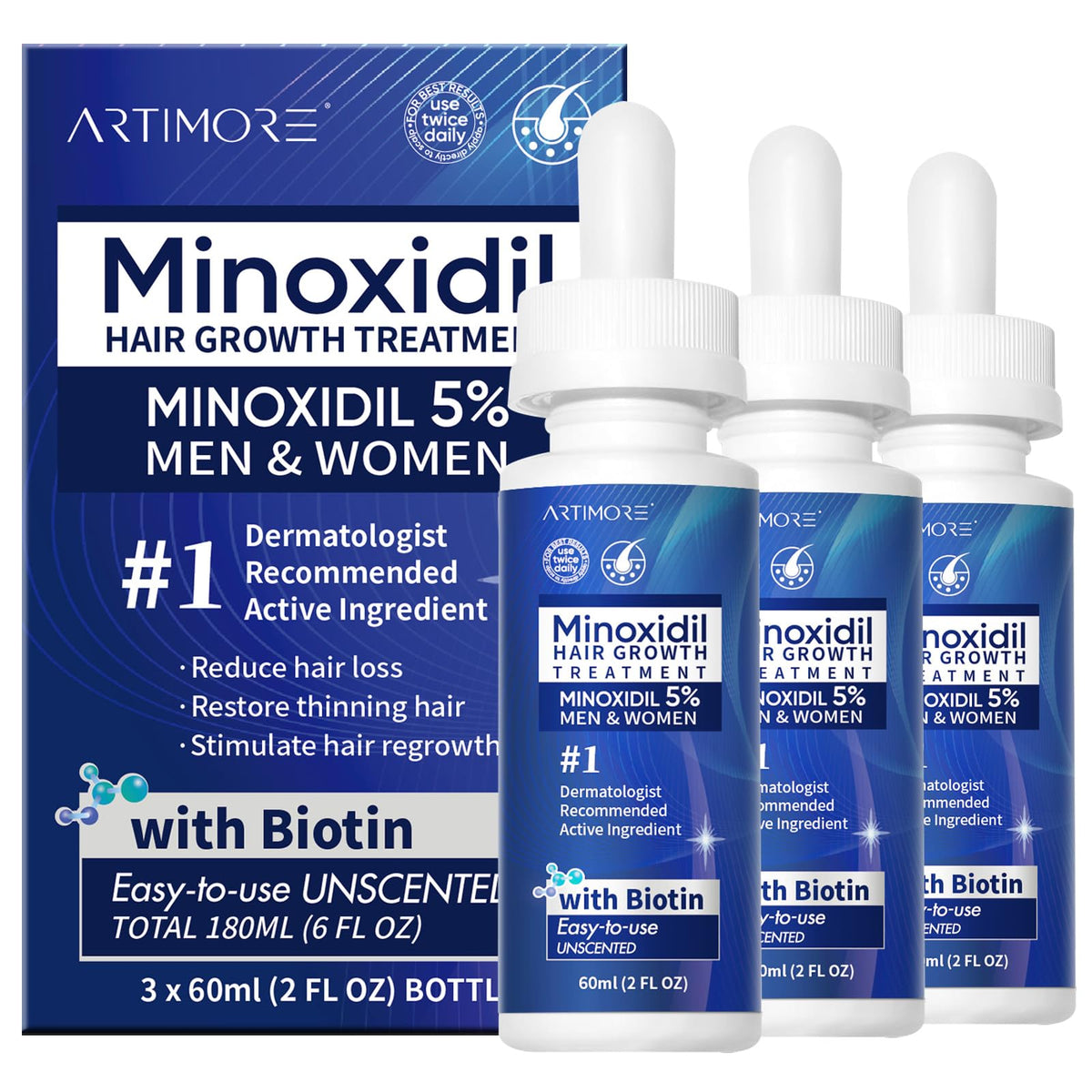 Artimore 5% Minoxidil Hair Growth Serum front view with dropper
