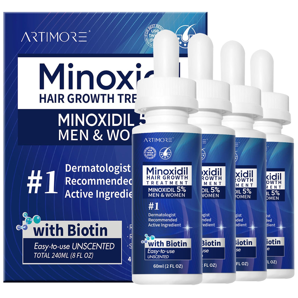 Artimore 5% Minoxidil Hair Growth Serum front view with dropper
