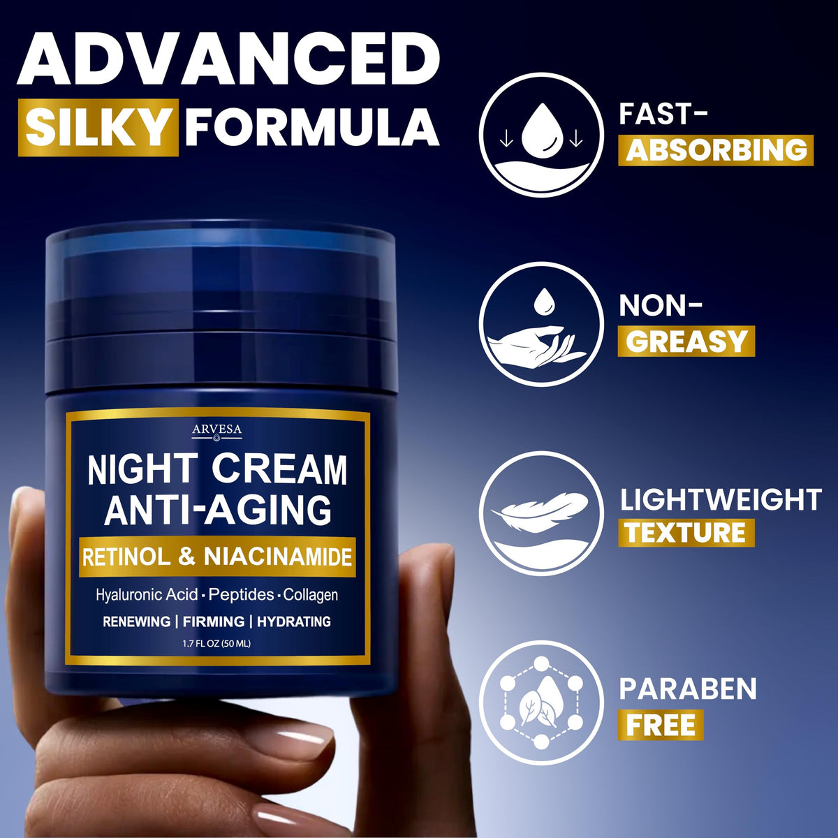 Arvesa Night Cream for Women open jar showing cream