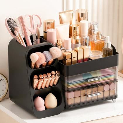 Asdbko large capacity makeup organizer black front view
