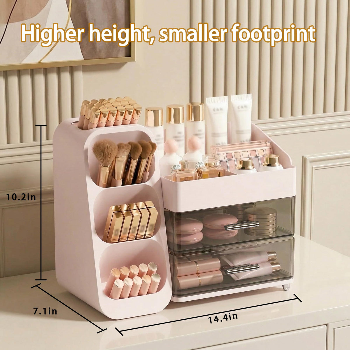 Asdbko makeup organizer displaying lipsticks and skincare products