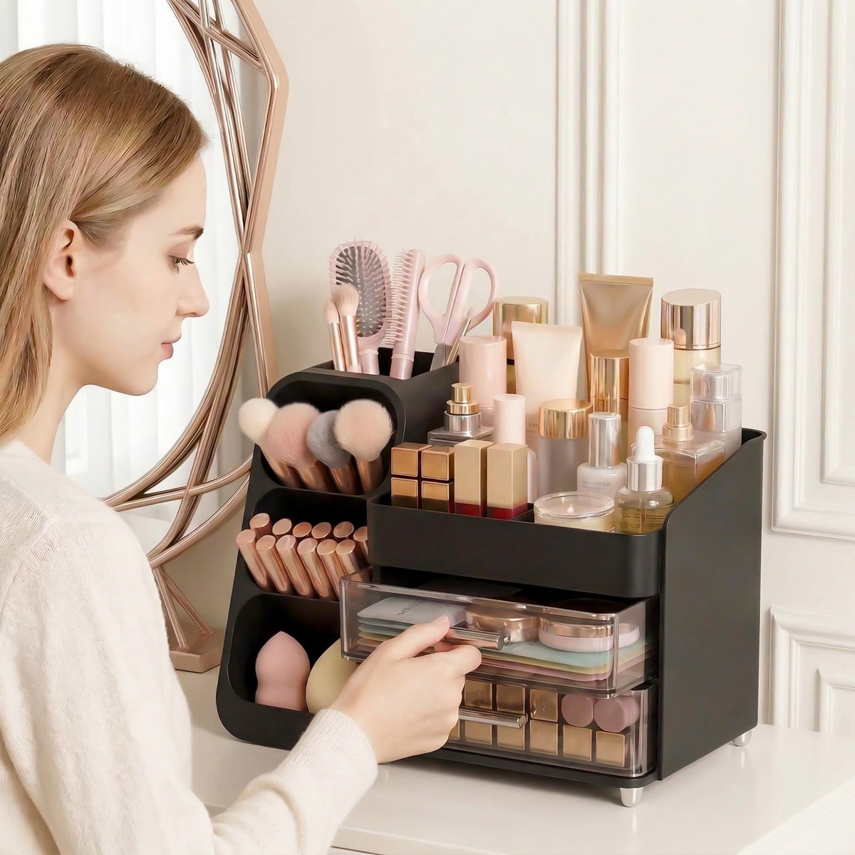Asdbko makeup organizer showing brush holder and compartments