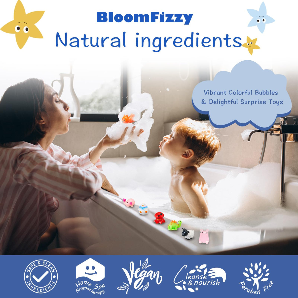 Assorted BloomFizzy bath bombs in vibrant colours