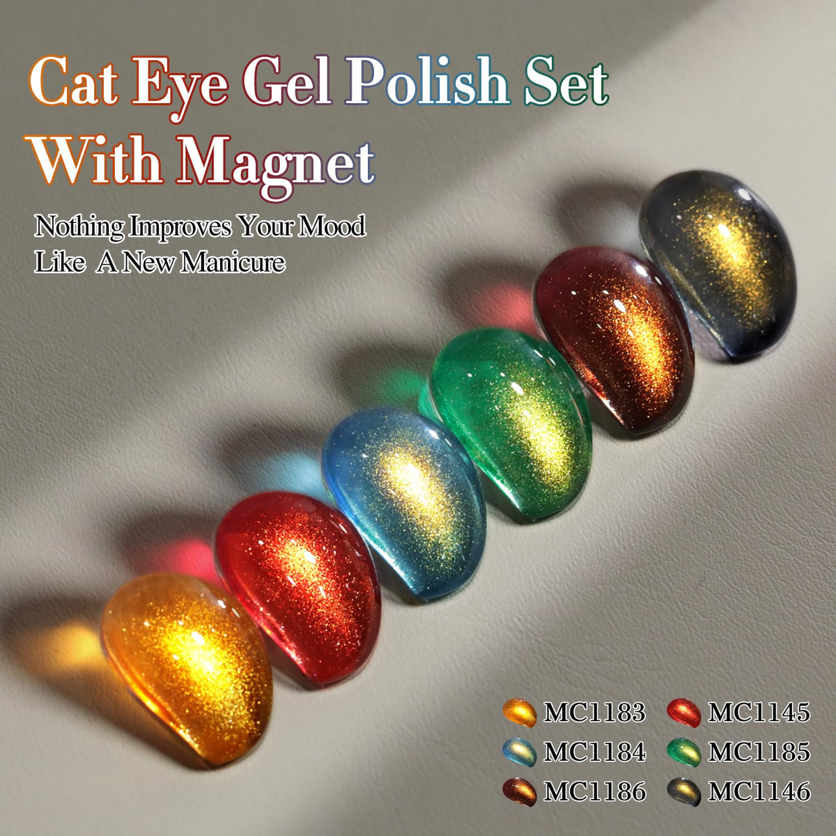 Assorted colours of Double Rhythm Cat Eye Gel Nail Polish on a table