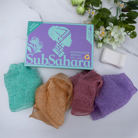 Assorted colours of SubSahara net sponges laid out flat