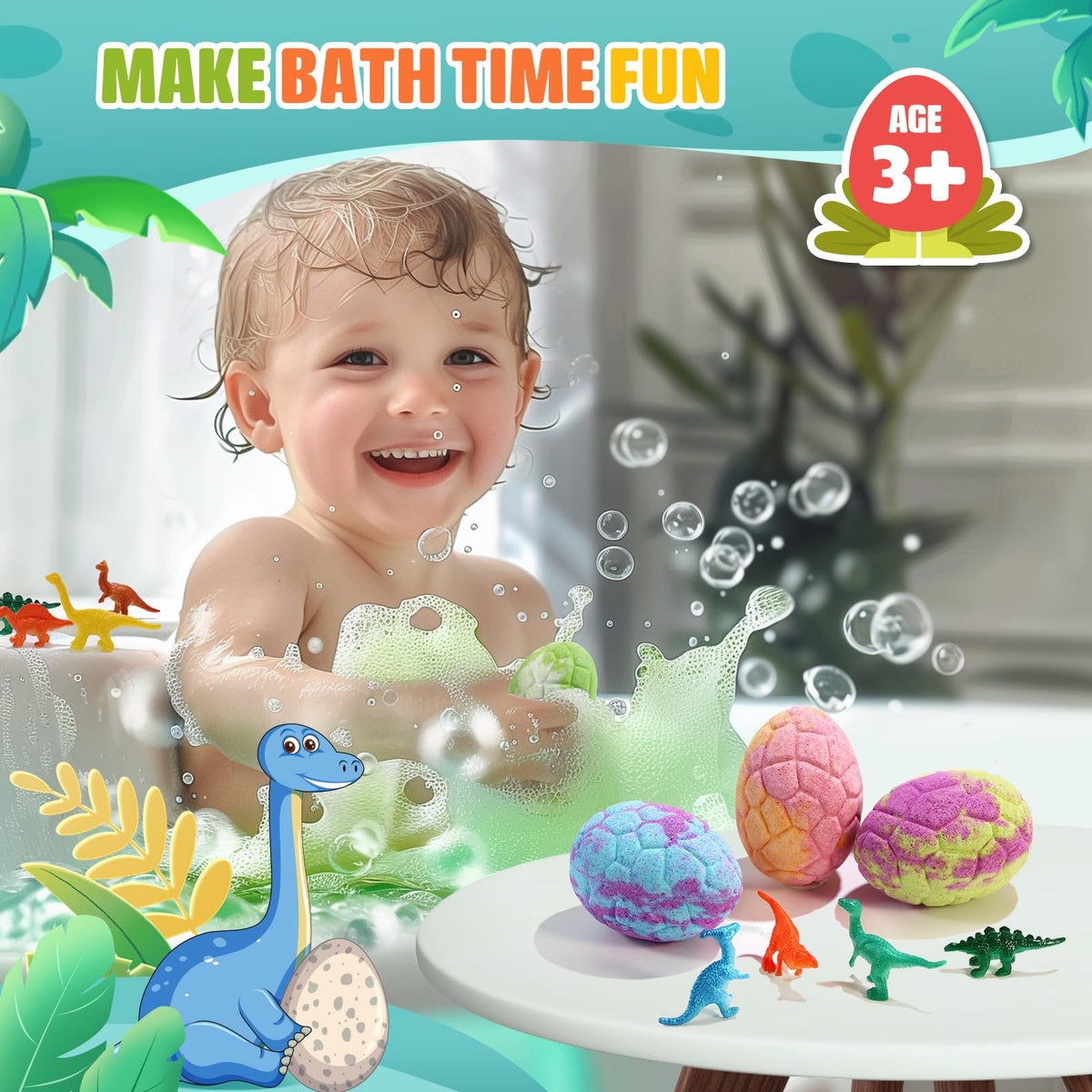 Assorted Qivatex dinosaur bath bombs in different colours and scents