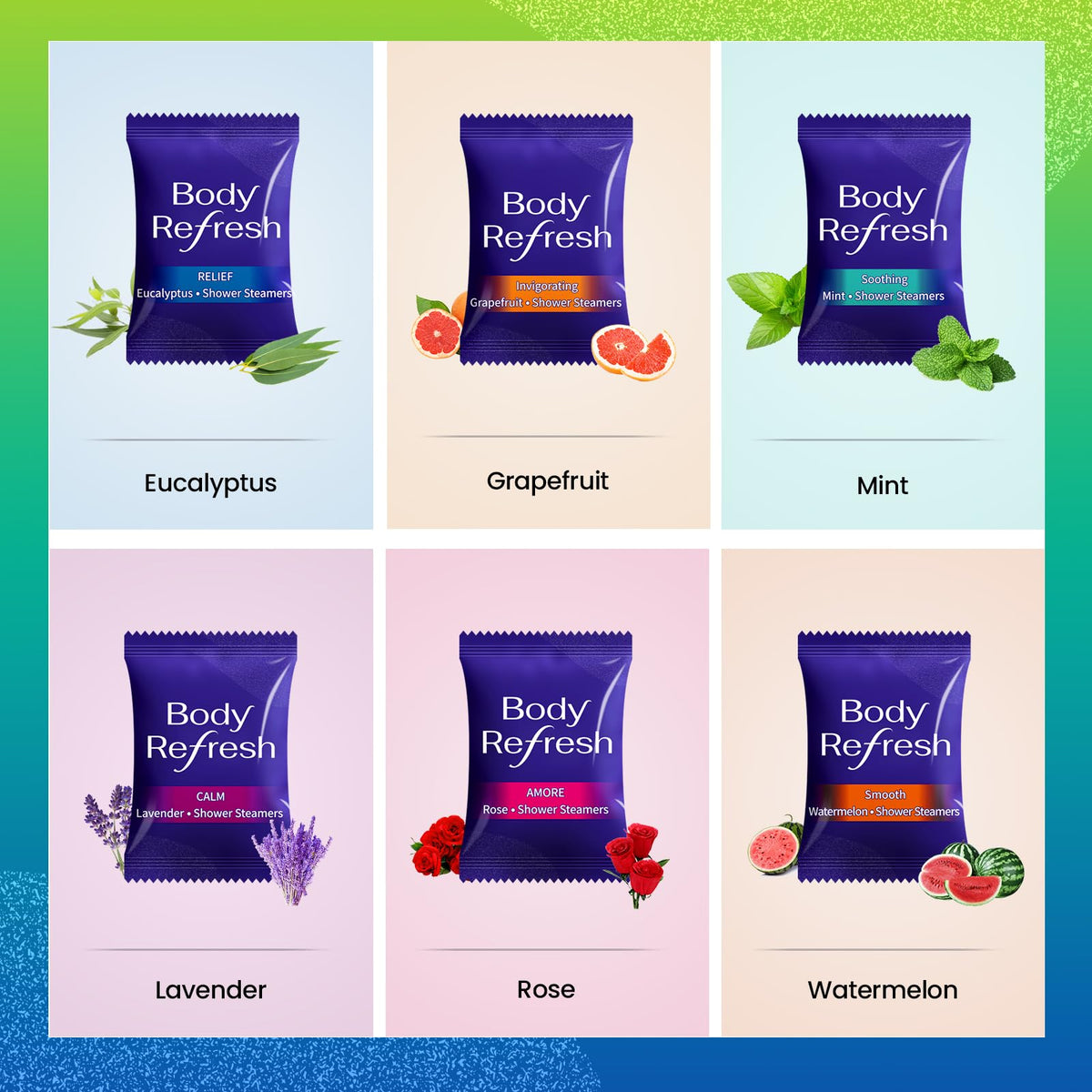 Assorted scents of BodyRefresh Shower Steamers displayed