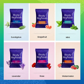 Assorted scents of BodyRefresh Shower Steamers displayed