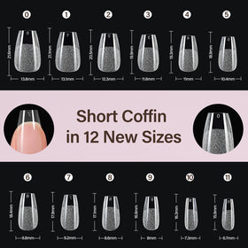 Assorted sizes of Misssix short coffin nail tips displayed