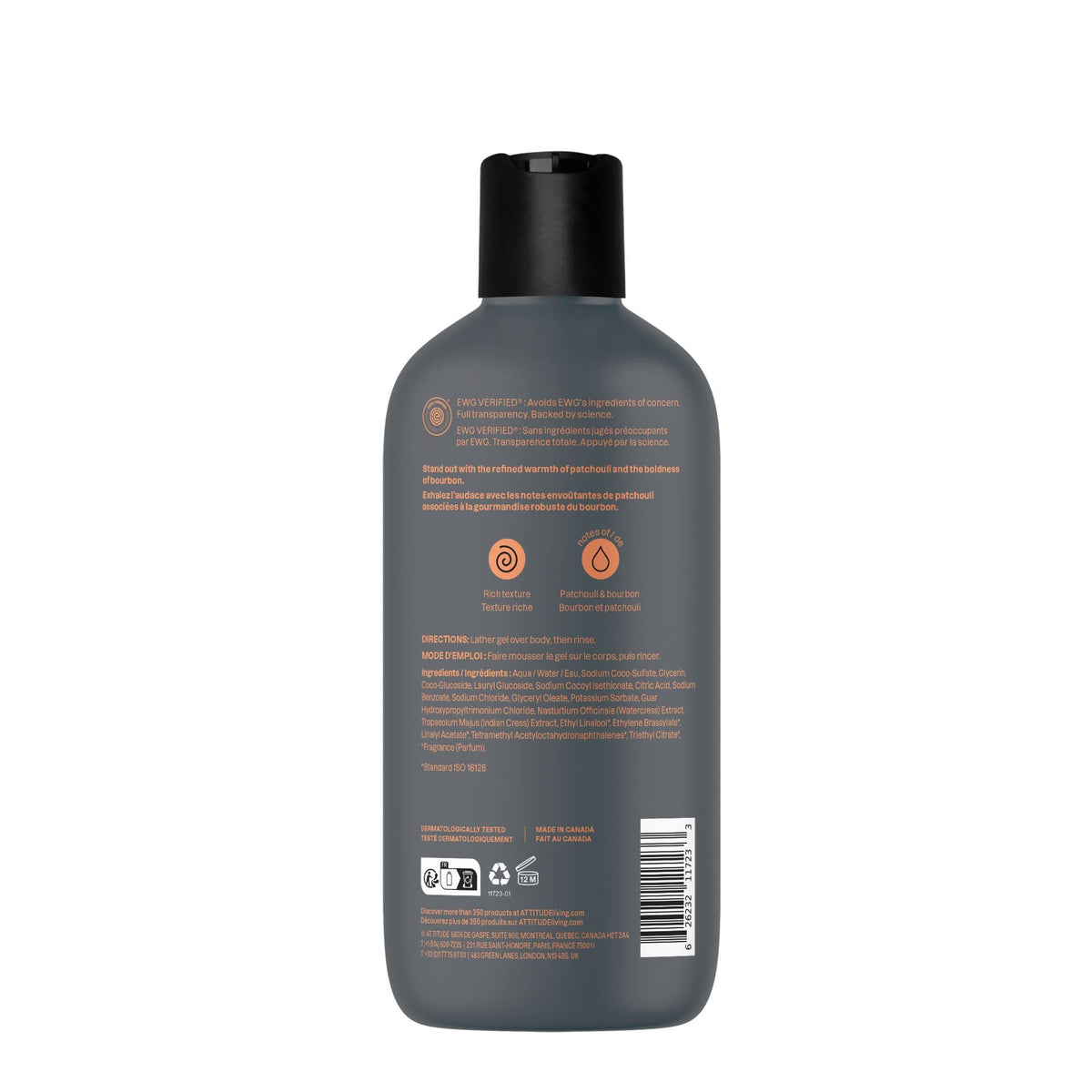 ATTITUDE Shower Gel Body Wash for Men with Patchouli & Bourbon label