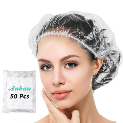 Auban disposable shower cap front view, clear plastic, 19.3 inches
