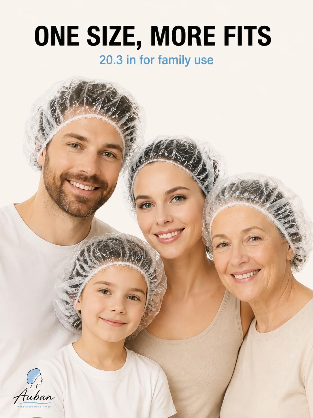 Auban shower cap displayed on a bathroom counter
