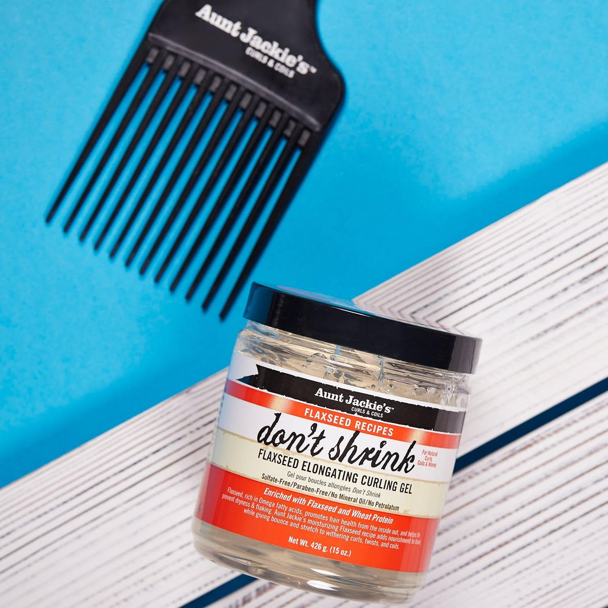 Aunt Jackie's Flaxseed Curling Gel showing ingredients list