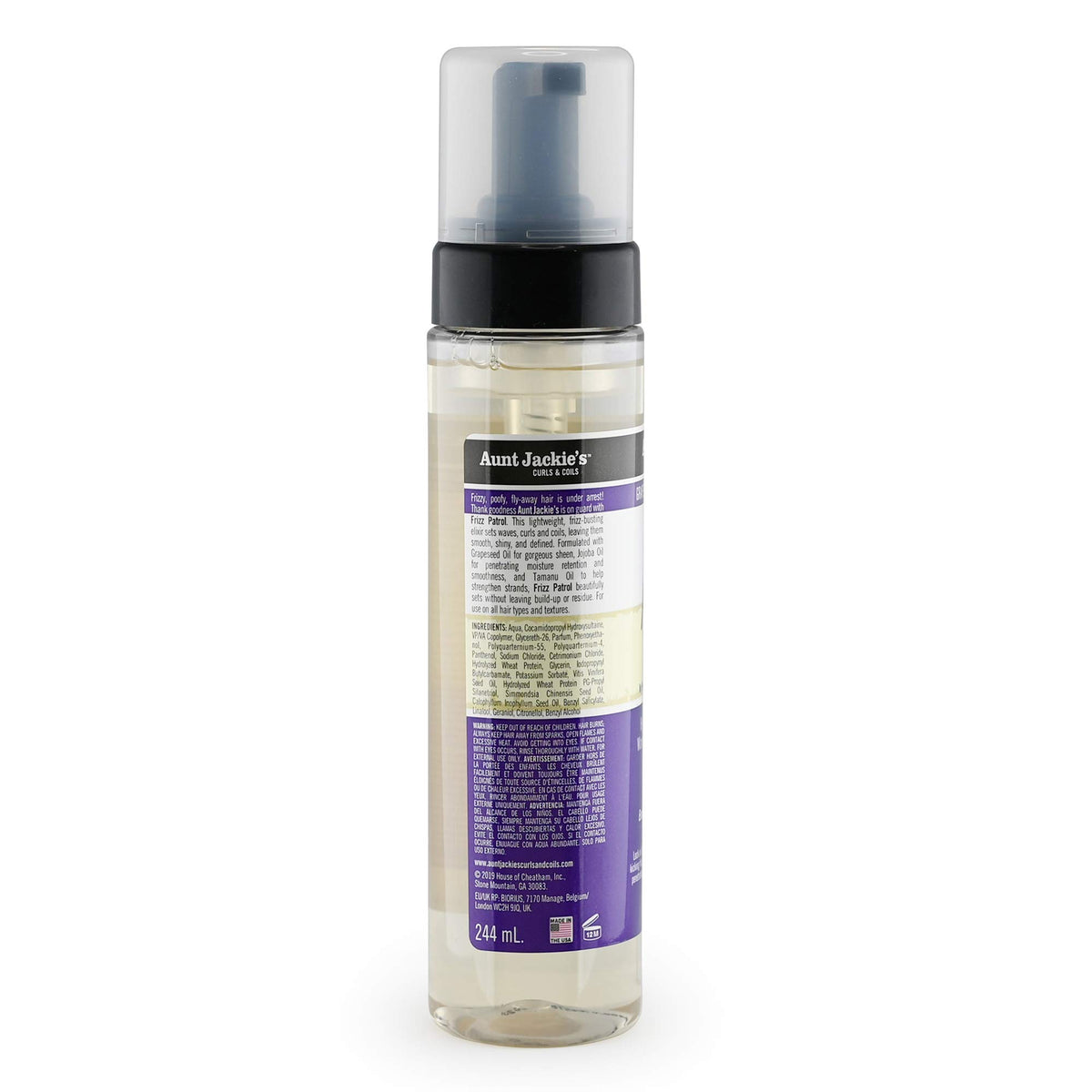 Aunt Jackie's Frizz Patrol Setting Mousse on a bathroom shelf