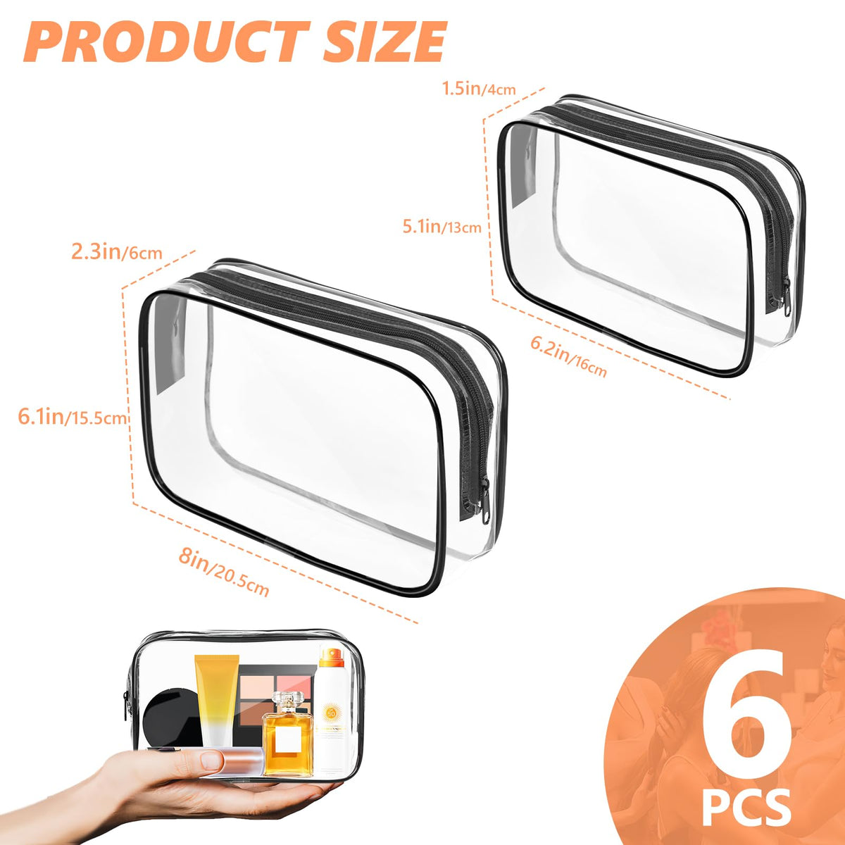 AURUZA Clear Makeup Bag showing multiple sizes