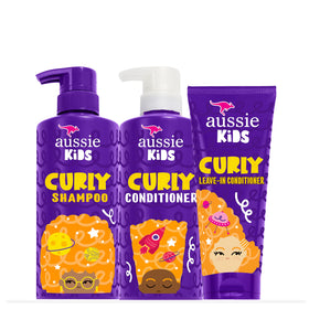 Aussie Kids Curly Hair Care Bundle front view with shampoo, conditioner, and leave-in