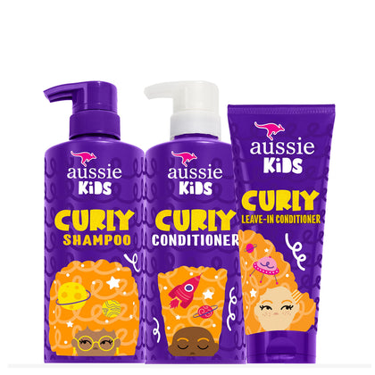 Aussie Kids Curly Hair Care Bundle front view with shampoo, conditioner, and leave-in