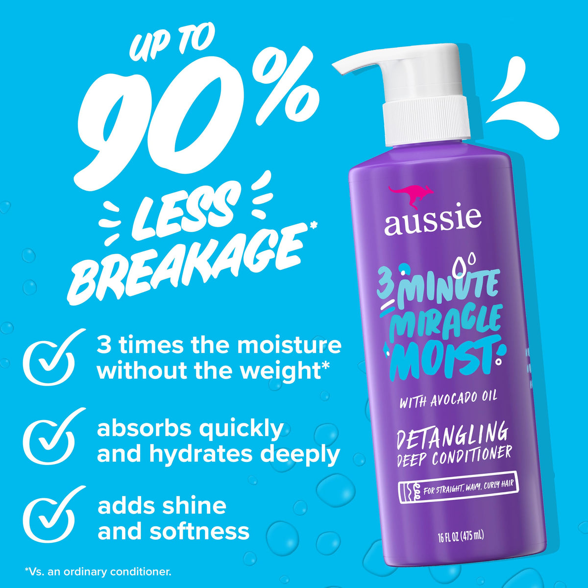 Aussie Miracle Moist Shampoo and Conditioner set on a bathroom shelf