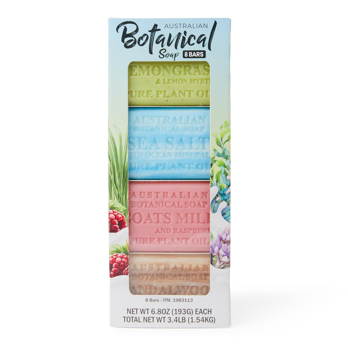 Australian Botanical Soap 8-Pack displayed with packaging and all four scents