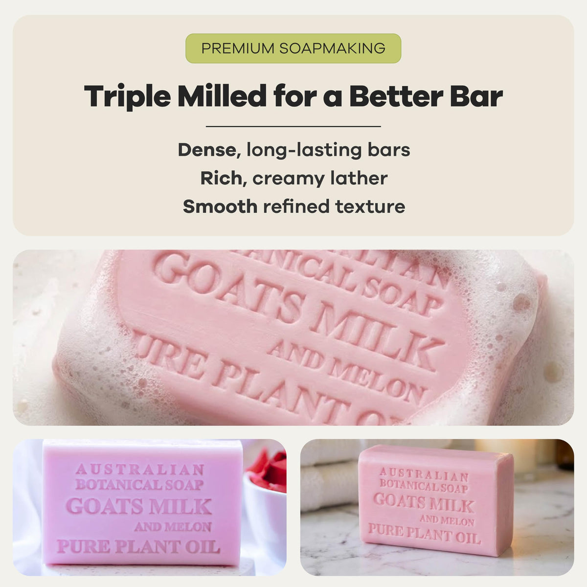 Australian Botanical Soap Goat Milk and Melon Soap in a bathroom setting