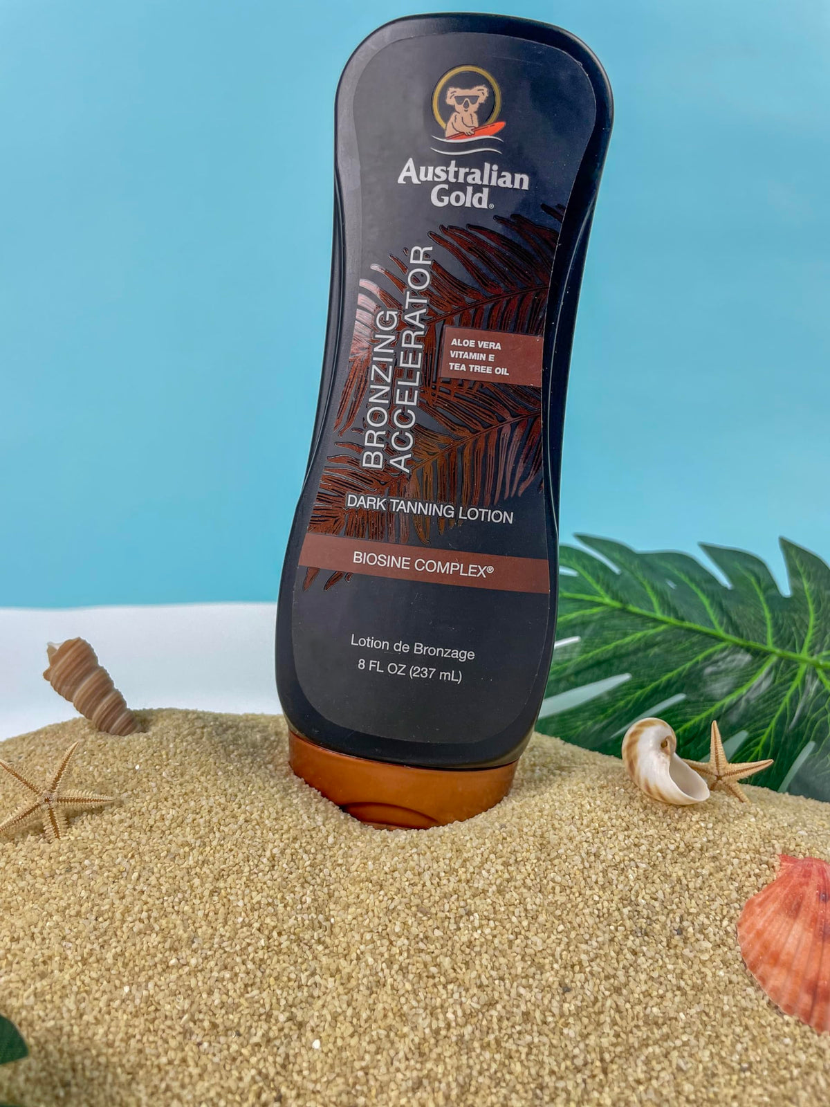 Australian Gold Dark Tanning Accelerator Lotion 8oz back view with ingredients