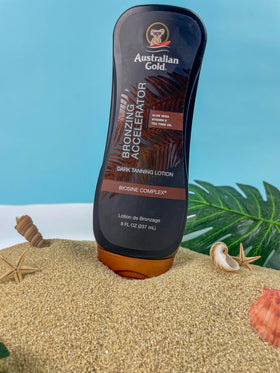 Australian Gold Dark Tanning Accelerator Lotion 8oz back view with ingredients
