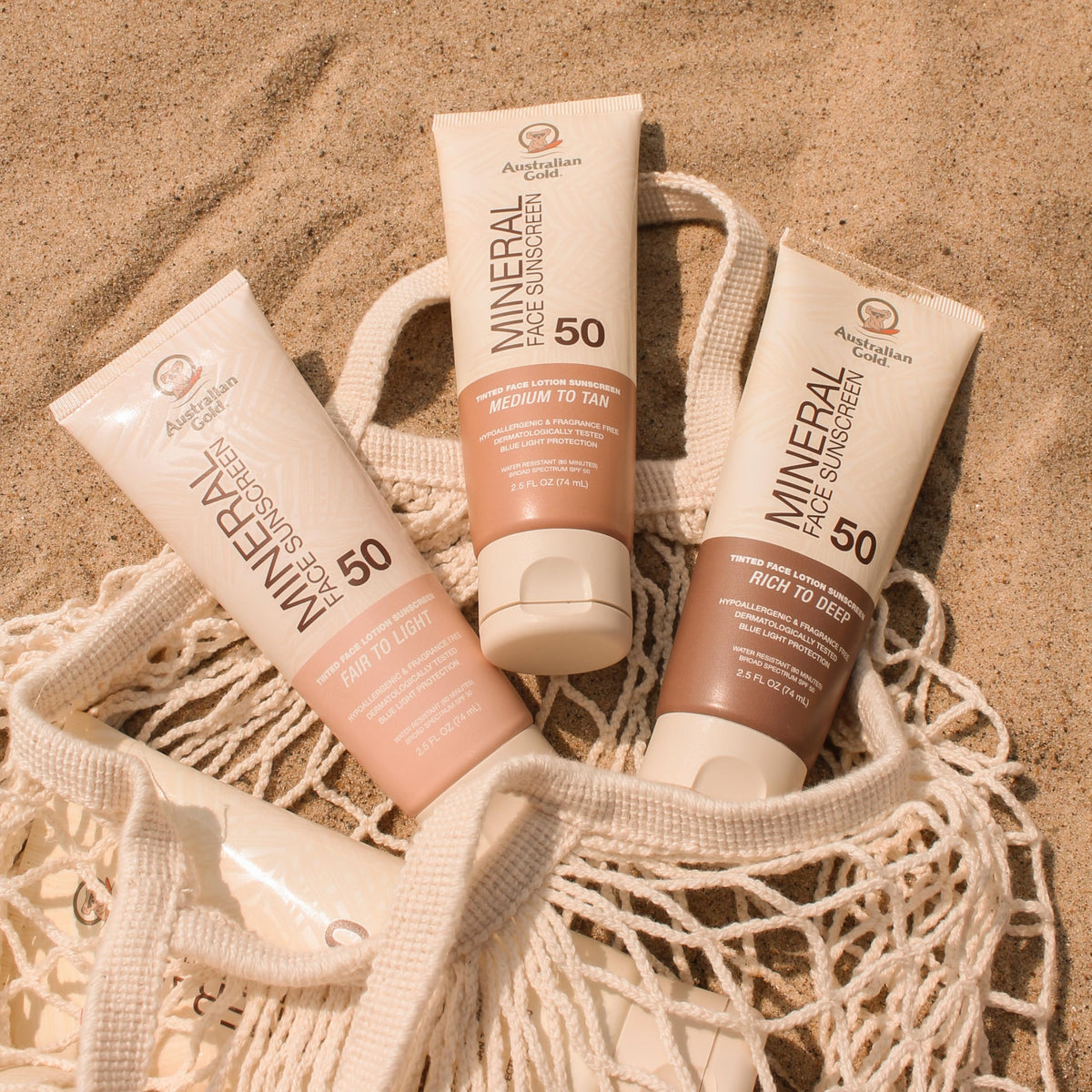 Australian Gold SPF 50 Tinted Mineral Face Sunscreen Rich-Deep on a vanity