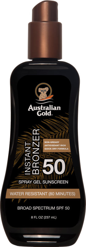 Australian Gold Spray Gel Sunscreen SPF 50 front view with bronzer