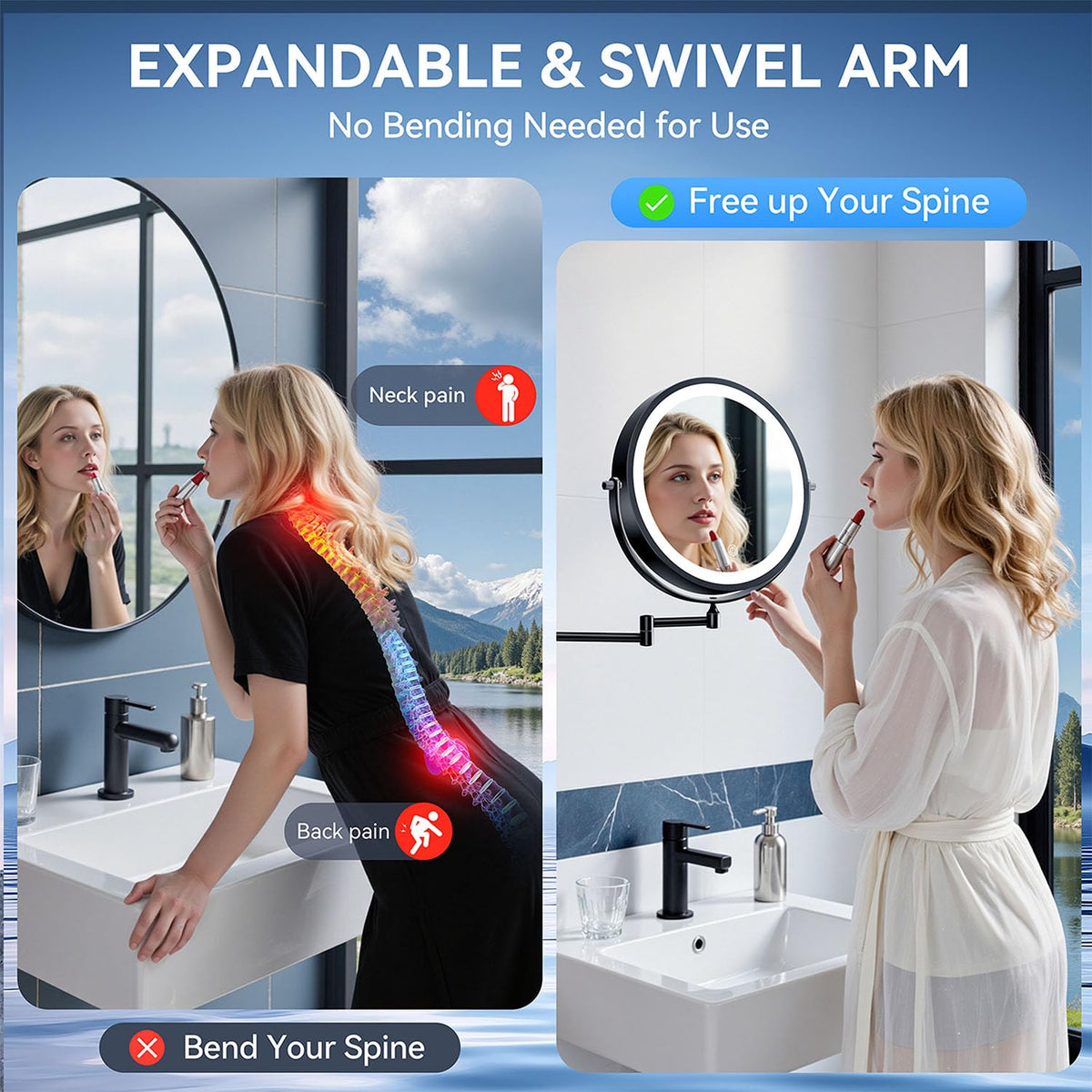 Auxmir 10-inch mirror displaying different lighting modes