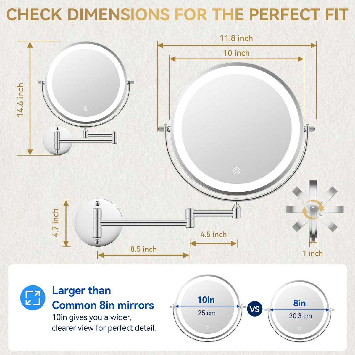 Auxmir 10-inch mirror showing 1X magnification side