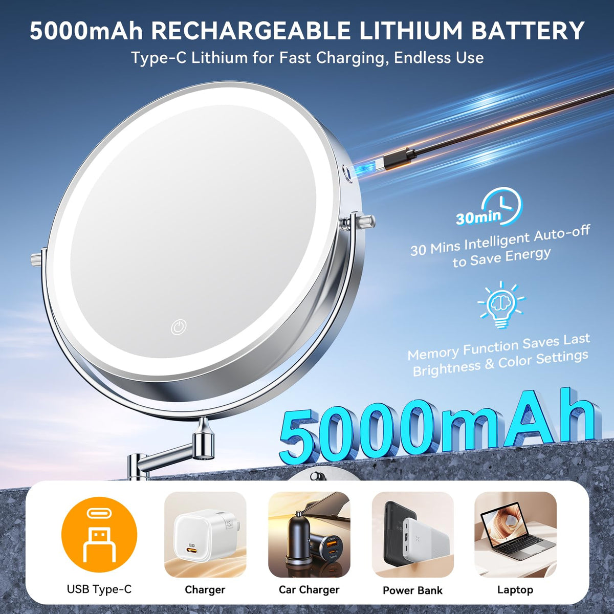 Auxmir 10-inch mirror showing 30X magnification side