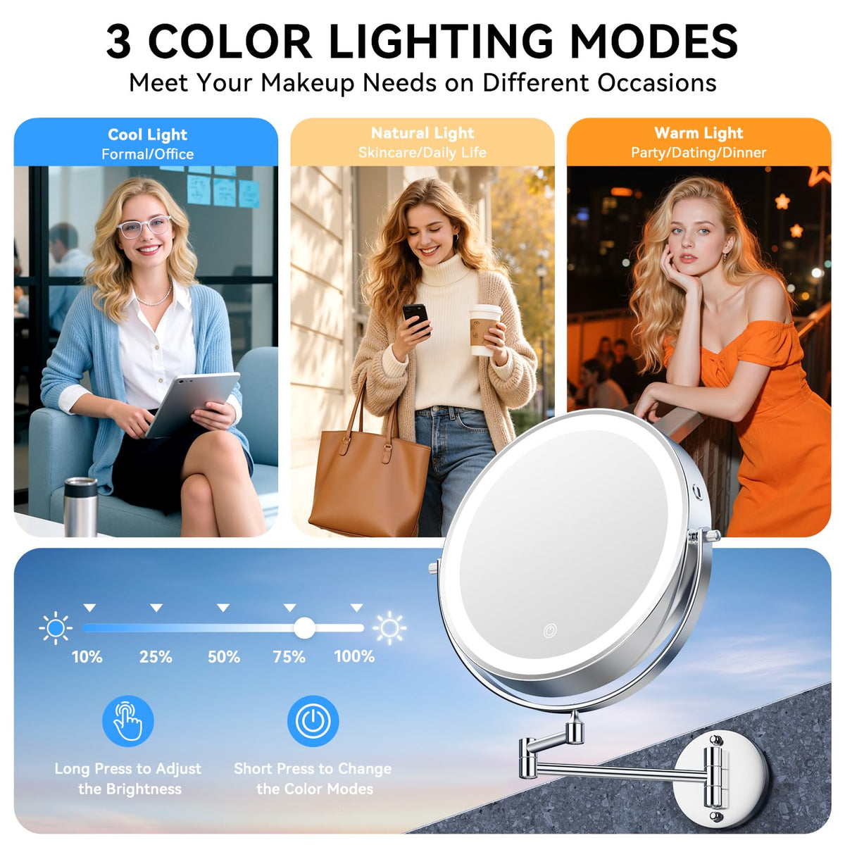 Auxmir 10-inch mirror with LED lights on