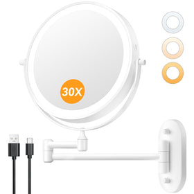 Auxmir 1X/30X Wall Mounted Makeup Mirror front view with LED lights