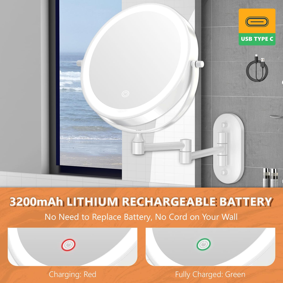 Auxmir 1X/30X Wall Mounted Makeup Mirror with warm white lighting